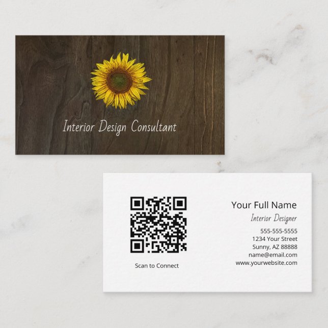 Cartão De Visita Boho Sunflower QR code Rustic Barn Wood (Frente/Verso)