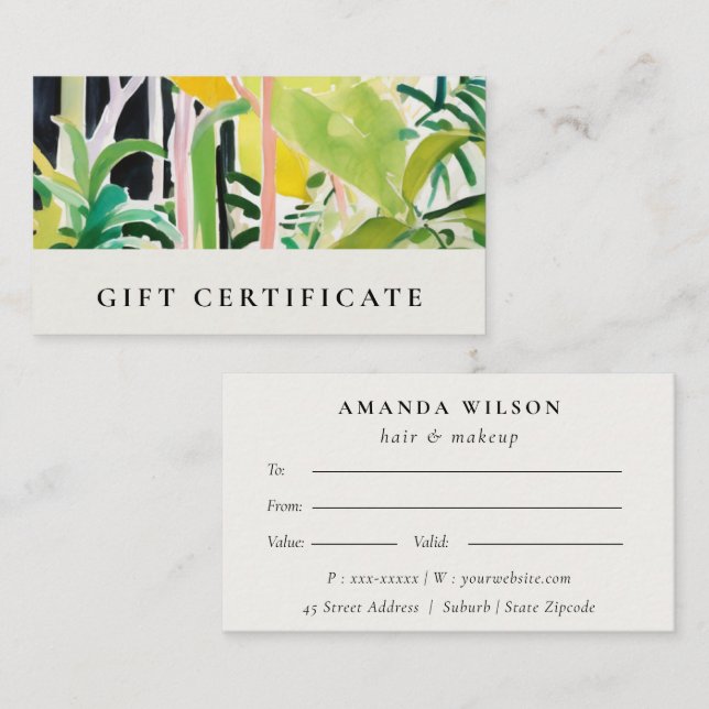 Cartão De Visita Boho Tropical Foliage Botanical Gift Certificate (Frente/Verso)