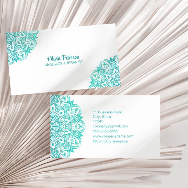 Cartão De Visita Boho Turquoise Mandala - Terapêutica de Massagem (Boho Turquoise Mandala Massage Therapist Business Card on a dry palm leaf.)