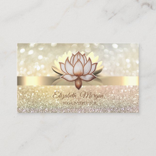Cartão De Visita Bokeh Dourado, Instrutor Brown Lotus Flower Yoga (Frente)
