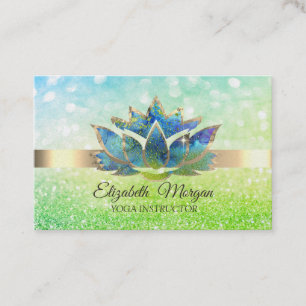 Cartão De Visita Bokeh Verde Dourado, Flor de Lótus Azul Yoga 