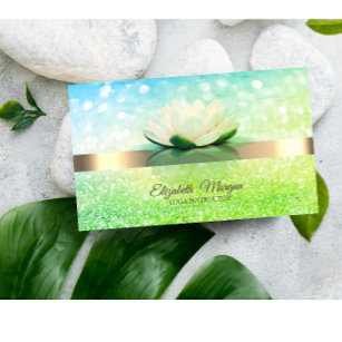 Cartão De Visita Bokeh Verde Elegante Dourado, Lotus Flower Yoga