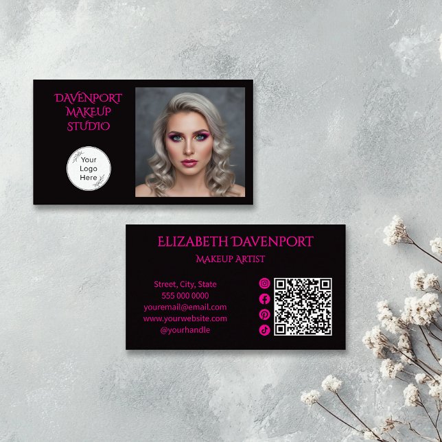 Cartão De Visita Bold Black and Hot Pink Social Icon QR Code (Criador carregado)