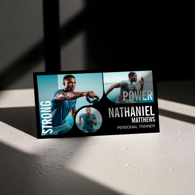 Cartão De Visita Bold Black Personal Trainer Fitness Gym Coach QR (Trendy Wavy Photo Frame Personal Trainer Fitness Business Card)