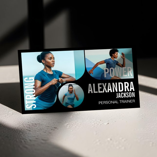 Cartão De Visita Bold Black Personal Trainer Fitness Gym Coach QR (Trendy Wavy Photo Frame Personal Trainer Fitness Business Card)