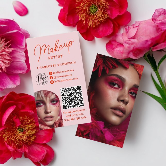 Cartão De Visita Bold Modern Pink Makeup Artist 2 Photos Qr Code (Bold Modern Pink Makeup Artist 2 Photos Qr Code Business Card)