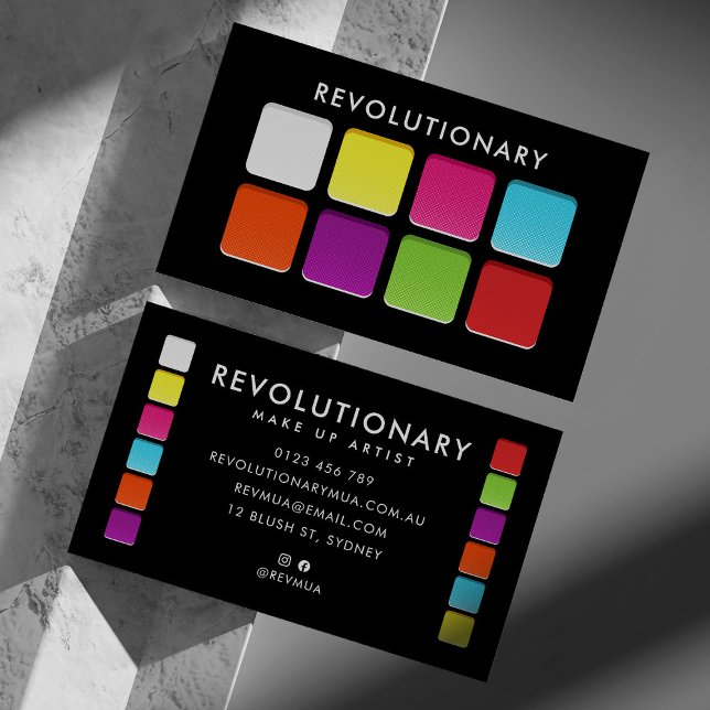 Cartão De Visita Bold Neon Eyeshadow Pallete Makeup Artista (Makeup artist business card made to look like an eyeshadow pallete)