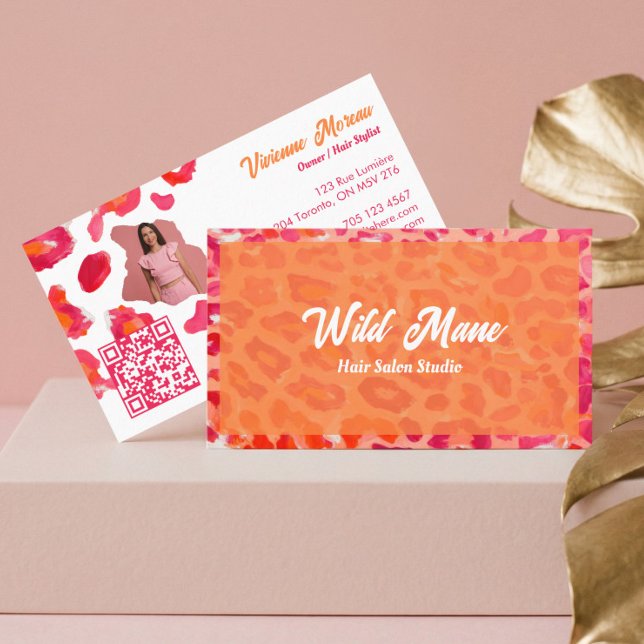 Cartão De Visita Bold Pink Orange Cheetah Leopard Print QR Code (Bold Pink Orange Cheetah Leopard Print QR Code Business Card)