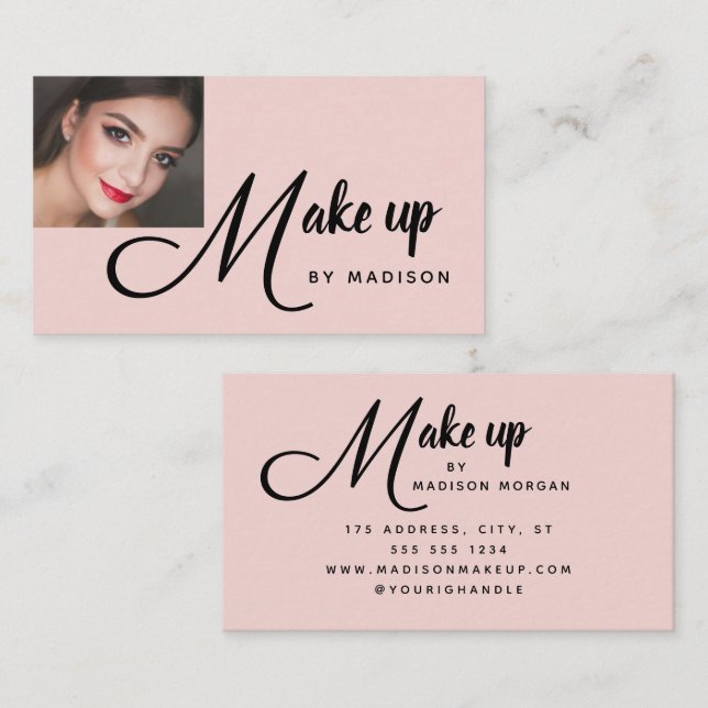 Cartão De Visita Bold Script Blush Pink Photo Makeup Business Card (Frente/Verso)