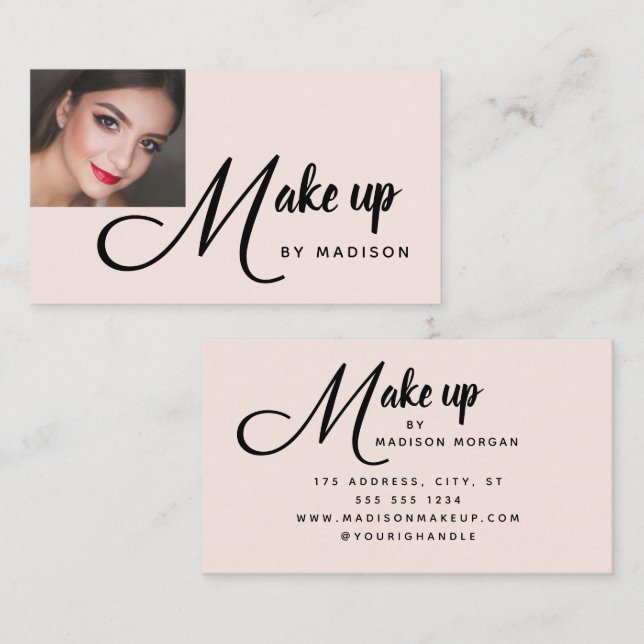 Cartão De Visita Bold Script Blush Pink Photo Makeup Business Card (Frente/Verso)