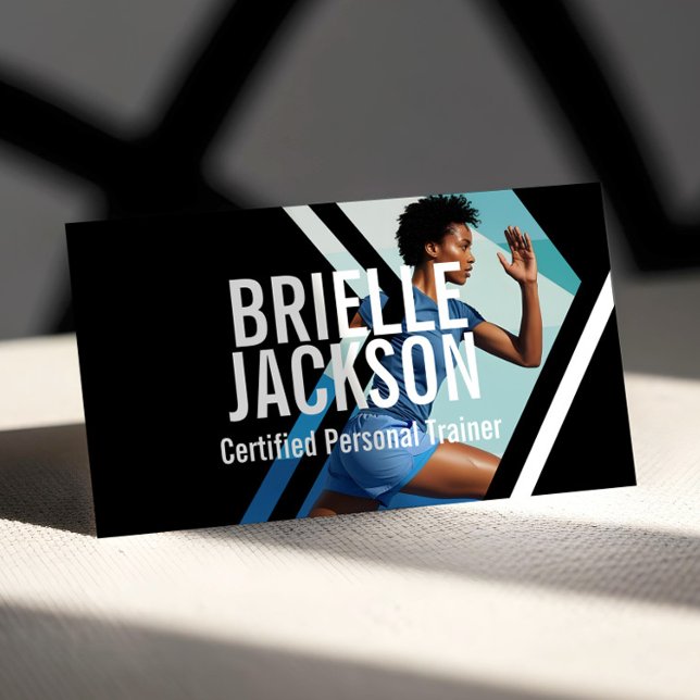 Cartão De Visita Bold Strong Modern Personal Trainer Fitness Photo (Bold Geometrical Photo Personal Trainer Fitness Business Card (Front))