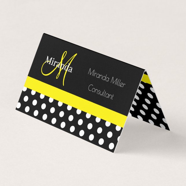 Cartão De Visita Bolinhas branca preta do monograma amarelo (Frente)