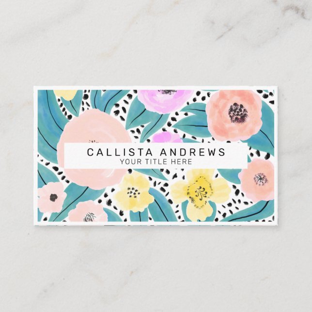 Cartão De Visita Bolinhas Florais Amarelas Rosa Monograma de Aquare (Frente)