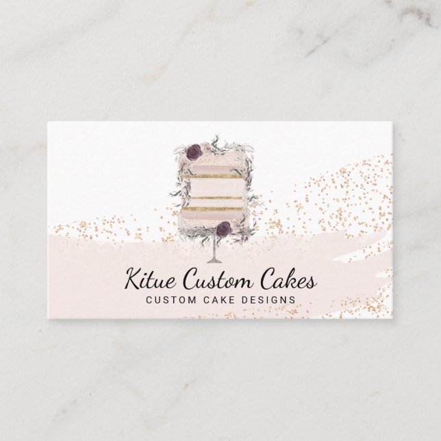 Cartão De Visita Bolo com Flores de Glitter Dourado Rosa para Confe (Frente)