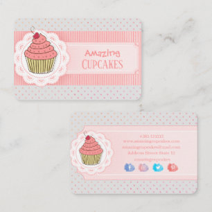 Cartão De Visita Bolo de Bolinhas com Listras Rosa