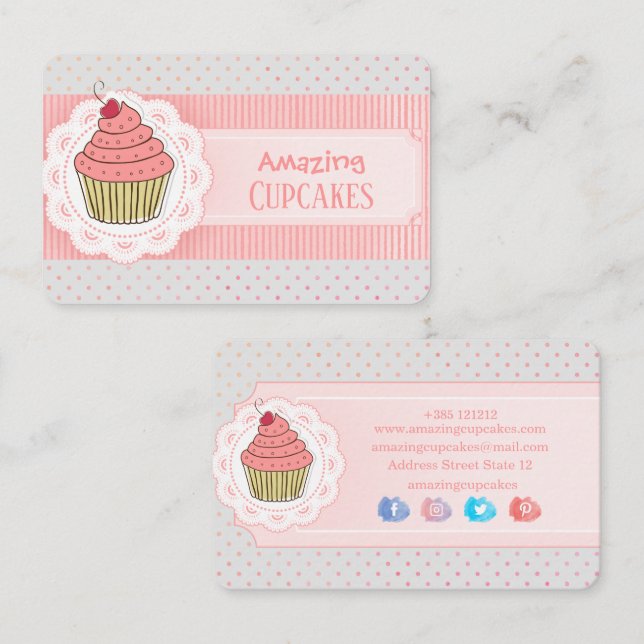 Cartão De Visita Bolo de Bolinhas com Listras Rosa (Frente/Verso)