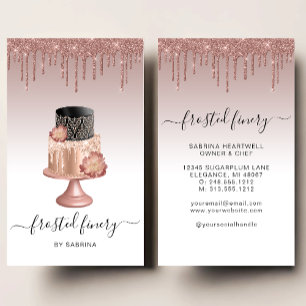 Cartão De Visita Bolo de Casamento Brilho Drip Rosa Dourado Padaria