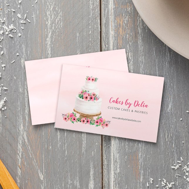 Cartão De Visita Bolo de Casamento de Aquarela Rosa (Pink Watercolor Wedding Cake Business Card)