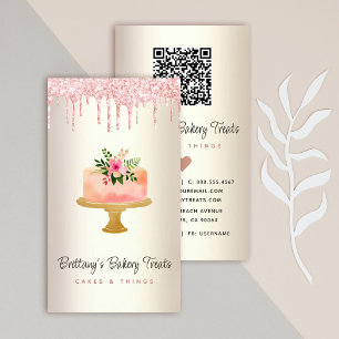 Cartão De Visita Bolo de Código QR Blush Rosa Brilho Dourado Padari