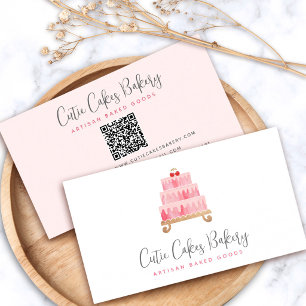 Cartão De Visita Bolo de Código QR de Padaria Rosa Bege Chefe de Co