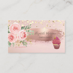 Cartão De Visita Bolo de Copo, Flor, Confete Dourado, Pincelada