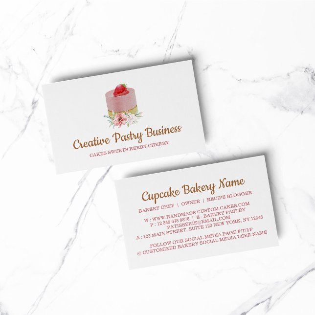 Cartão De Visita Bolo de morango pastel rosa (BAKERY PASTRY CHEF COOK CAKE event planner business)