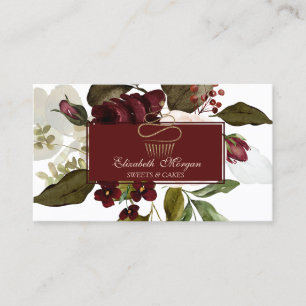 Cartão De Visita Bolo de Ouro Cupcake Flores Burgundy Padaria