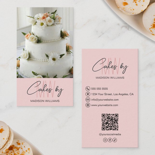 Cartão De Visita Bolo de padaria Monograma personalizado rosa (Bakery Cake Custom Monogram Logo Pink Business Card)