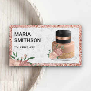 Cartão De Visita Bolo Floral com Brilho em Dourado Rosa Chef de Pad