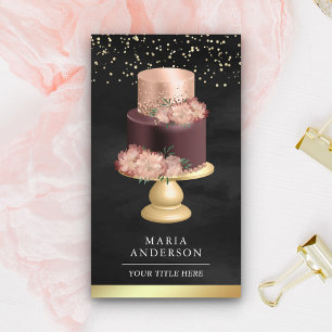 Cartão De Visita Bolo Floral Rosa Chef de Pastelaria Preto Dourado