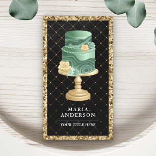 Cartão De Visita Bolo Floral Verde Menta Brilho Ouro Preto Padaria