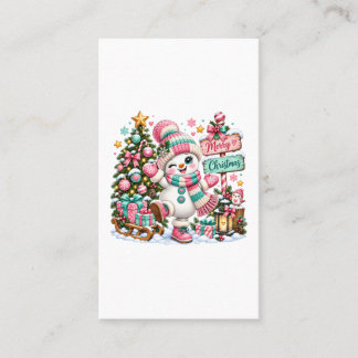 Cartão De Visita Boneco de Neve de Natal Rosa Fofo