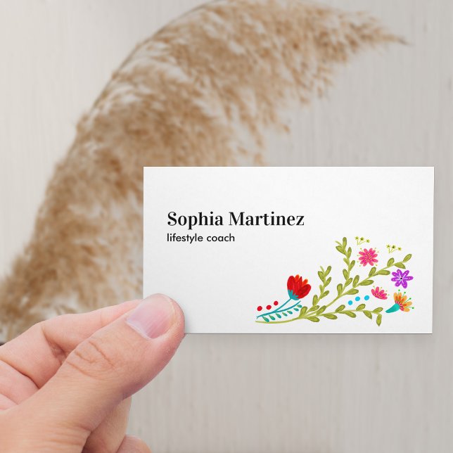 Cartão De Visita Bonito Fiesta Floral Buquê Branco Mídia Social (Horizontal Business Card with fiesta floral bouquet)