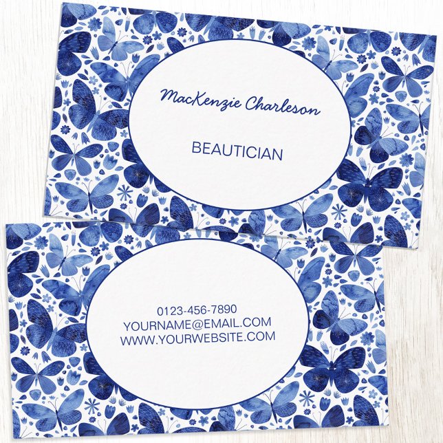 Cartão De Visita Borboleta (Indigo navy blue and white watercolor butterfly pattern custom modern business card)