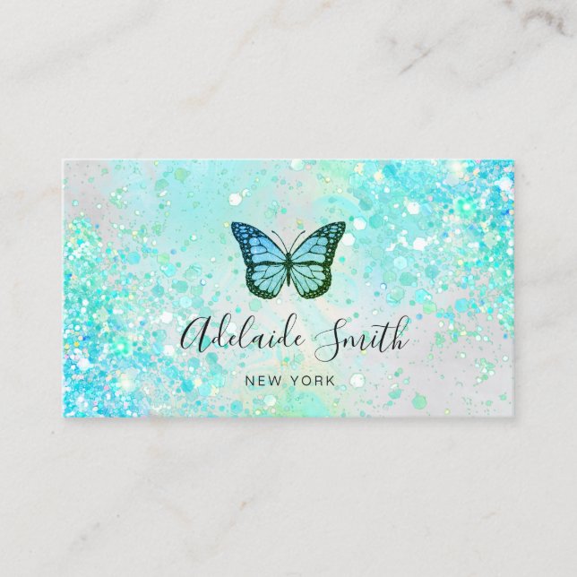 Cartão De Visita borboleta aqua verde simulação de brilho picante (Frente)