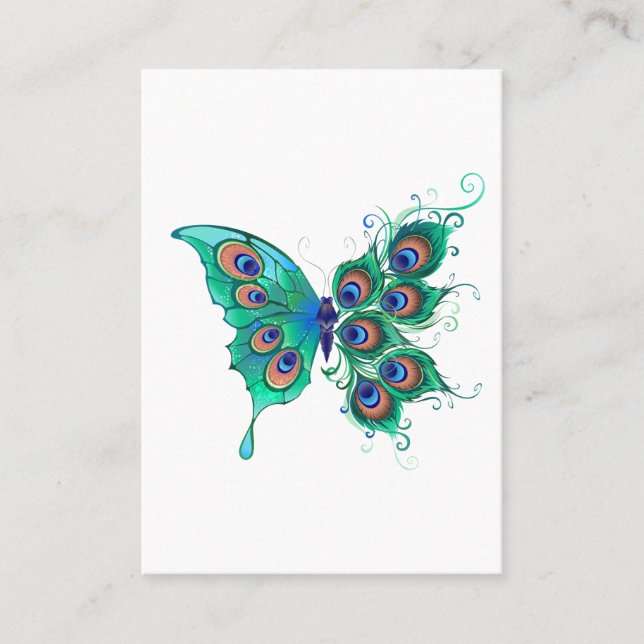 Cartão De Visita Borboleta com Penas de Pavão Verde (Frente)