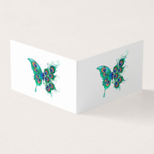 Cartão De Visita Borboleta com Penas de Pavão Verde