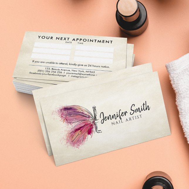 Cartão De Visita Borboleta de Tinta de Aquarela - Artista de Unhas (Criador carregado)