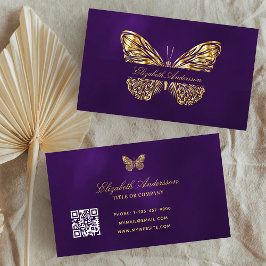 Cartão De Visita Borboleta dourado roxo Código QR elegante script