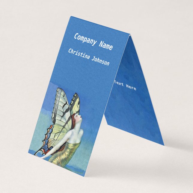 Cartão De Visita Borboleta Fada Monarca Ouro Vestido Azul (Frente)