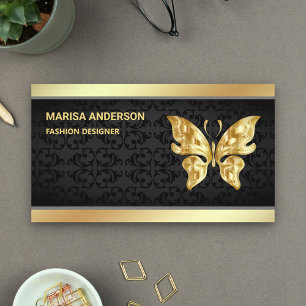 Cartão De Visita Borboleta Preta-Chic Damask Faux Gold