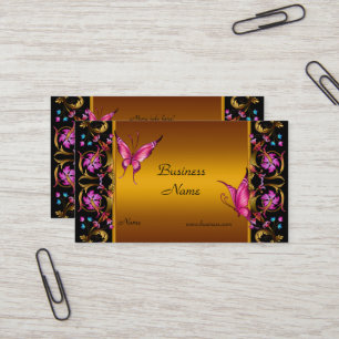 Cartão De Visita Borboleta Preta Rosa Dourado Amarelo Floral Elegan