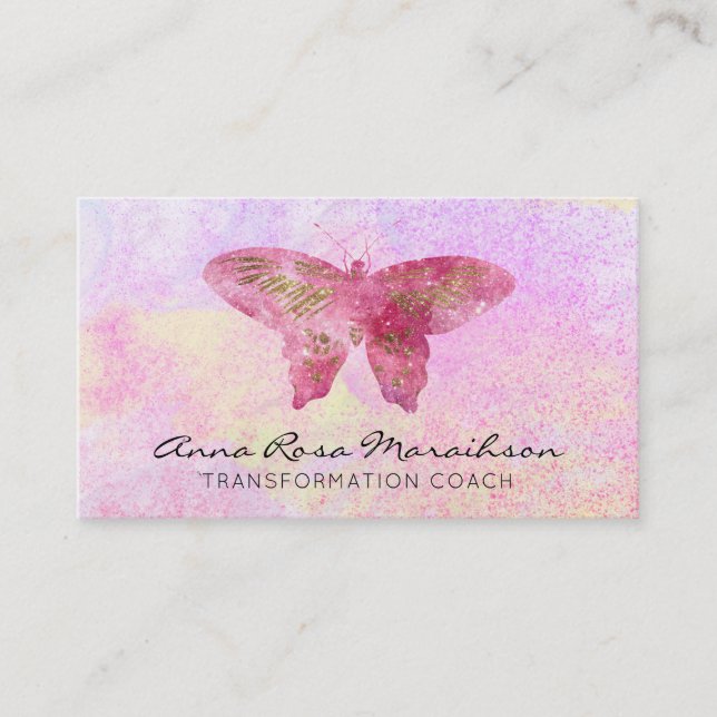Cartão De Visita *~* Borboleta Rosa Glitter Gilded Pastel Fantasy (Frente)