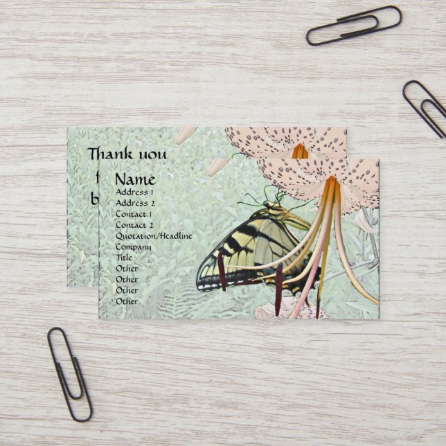 Cartão De Visita Borboleta Tiger Swallowtail no Boné de Turk Lily (Frente/Verso In Situ)