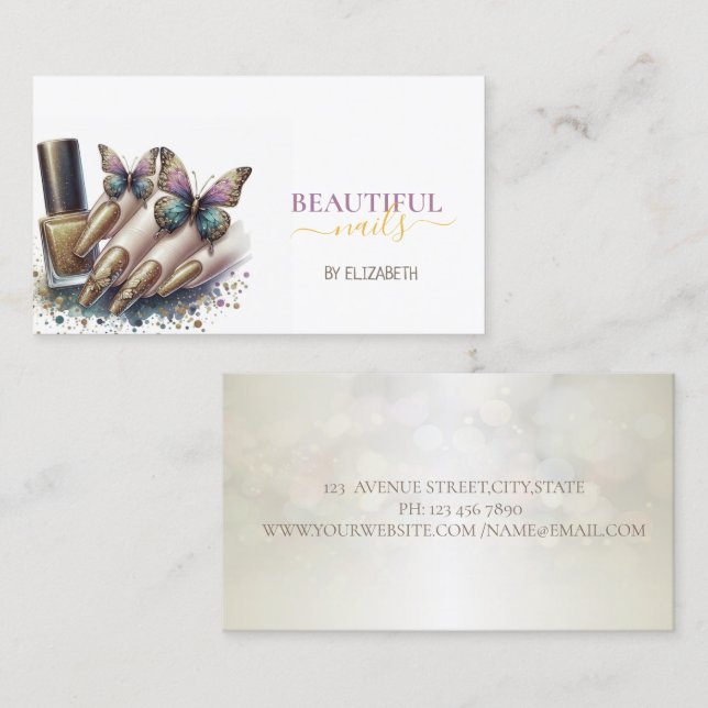 Cartão De Visita Borboleta Unhas de Mão de Salão Nail (Frente/Verso)