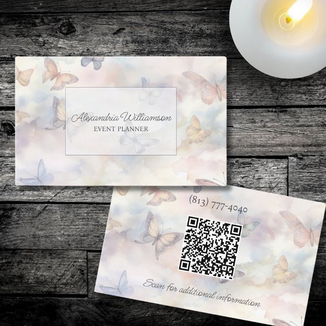 Cartão De Visita Borboletas de Aquarela Dupla com Código QR (Criador carregado)