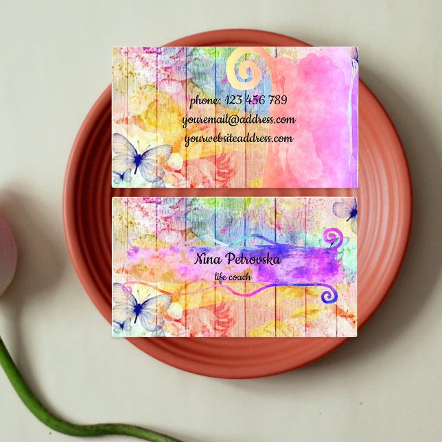 Cartão De Visita Borboletas e Rosas chiques sobre madeira russa (Criador carregado)