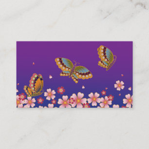 Cartão De Visita Borboletas Japonesas e Sakura Brilhante Azul Roxo