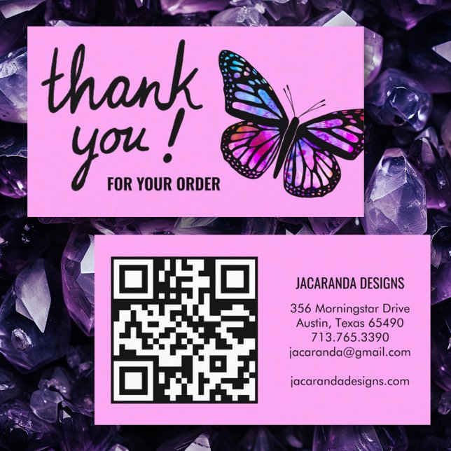 Cartão De Visita Borboletas Obrigado pelo seu código QR de pedido (Custom thank you card with butterfly and custom QR code in purple. Order thank you card)