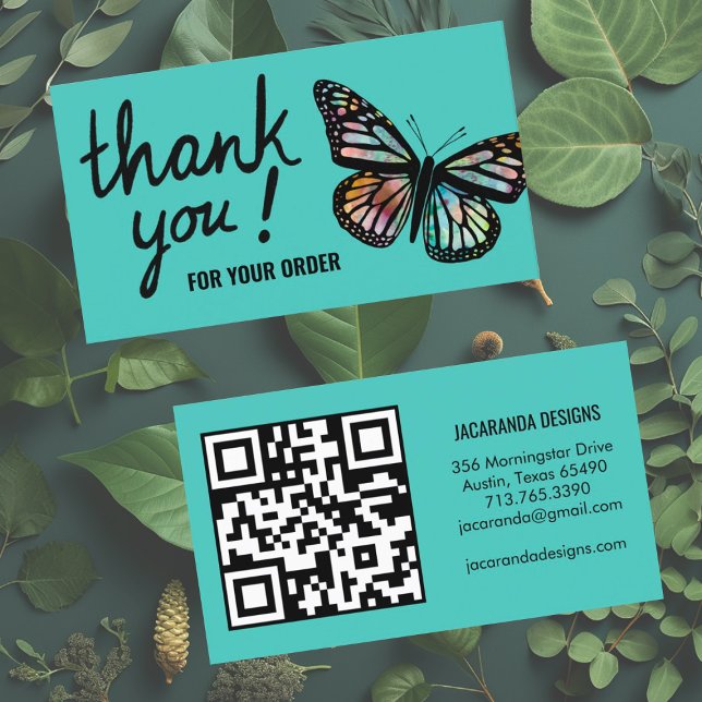 Cartão De Visita Borboletas Obrigado pelo seu código QR de pedido (Order thank you card with custom QR code and beautiful butterfly design in teal.)
